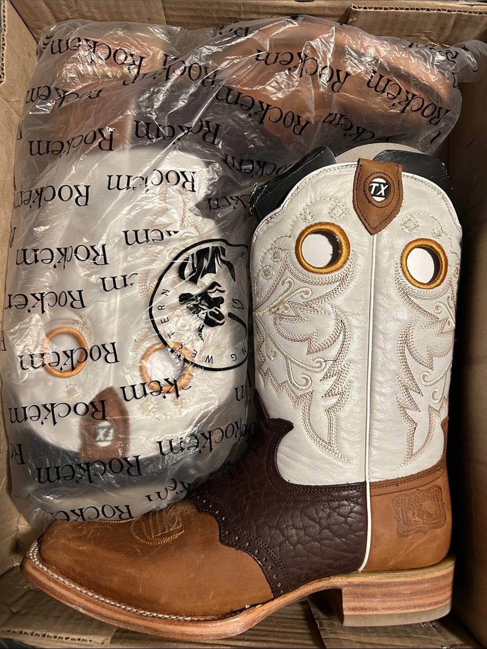 Rocky Brown and White Kids Cowboy Boots with Pull Tabs